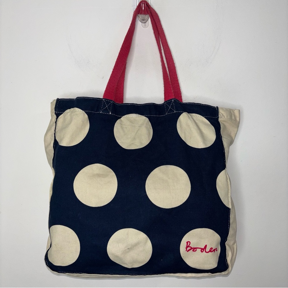 Boden Cotton Canvas Tote Shoulder Bag Blue and Cream Circles Red Handles